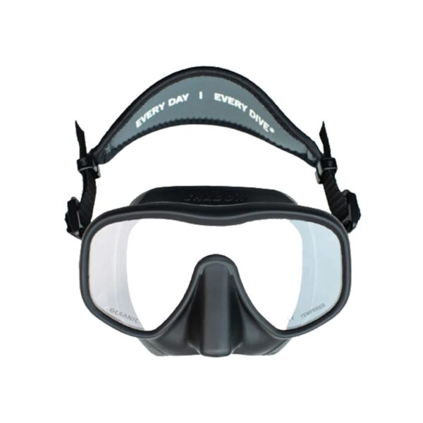 Black Oceanic Shadow Scuba Diving Mask with frameless low volume design, silicone skirt, and tempered glass lens – ideal for divers and snorkeling.