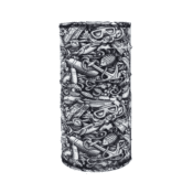 DEEP Dive Buff – Black Tattoo laid flat, showing intricate tattoo-style graphics on soft, breathable Lycra fabric.