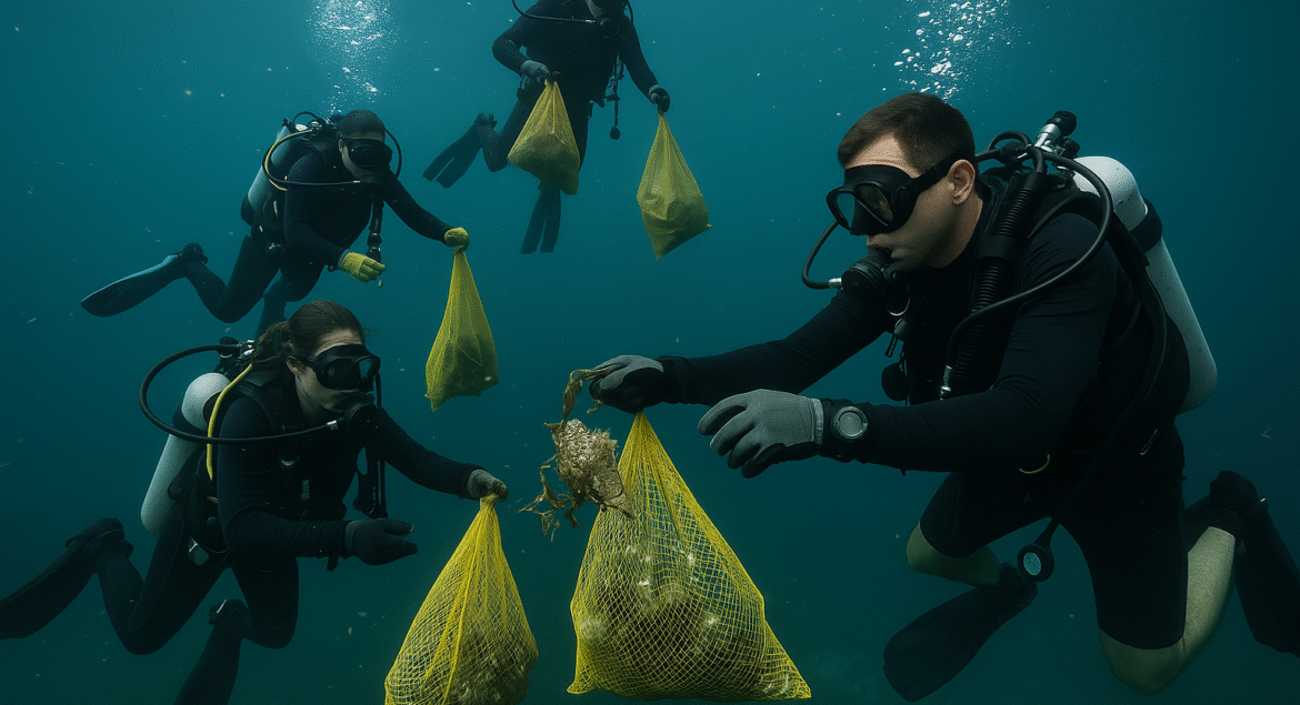 A group of scuba divers removing debris from the ocean during a cleanup dive.