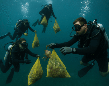 A group of scuba divers removing debris from the ocean during a cleanup dive.