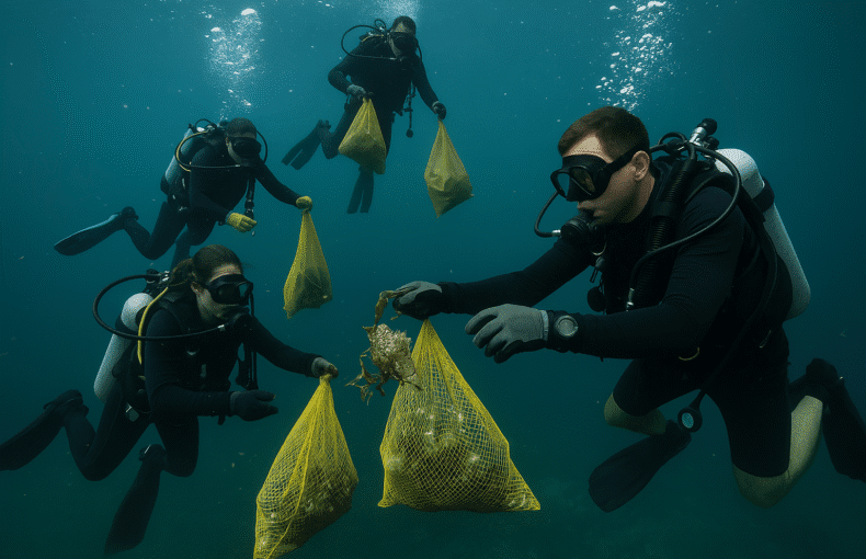 A group of scuba divers removing debris from the ocean during a cleanup dive.