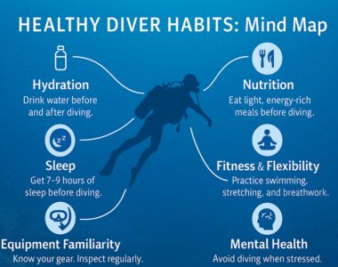 A visually structured mind map illustrating healthy diving habits for safety and efficiency, with key points guiding responsible diver behavior.