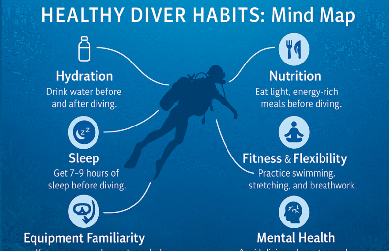 A visually structured mind map illustrating healthy diving habits for safety and efficiency, with key points guiding responsible diver behavior.