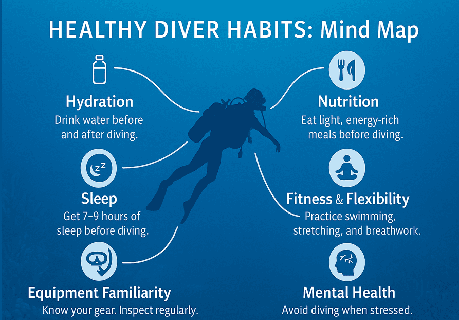 A visually structured mind map illustrating healthy diving habits for safety and efficiency, with key points guiding responsible diver behavior.