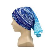 DEEP Dive Buff –deep-blue-logo laid flat, displaying its flowing blue pattern and soft Lycra fabric.