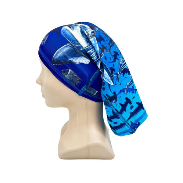 DEEP Dive Buff – hammerhead-school laid flat, displaying its flowing blue pattern and soft Lycra fabric.