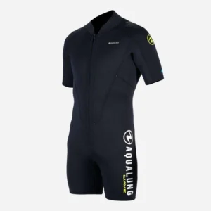 Diver wearing 4mm Wave Shorty wetsuit on the beach, ready for shallow water dive