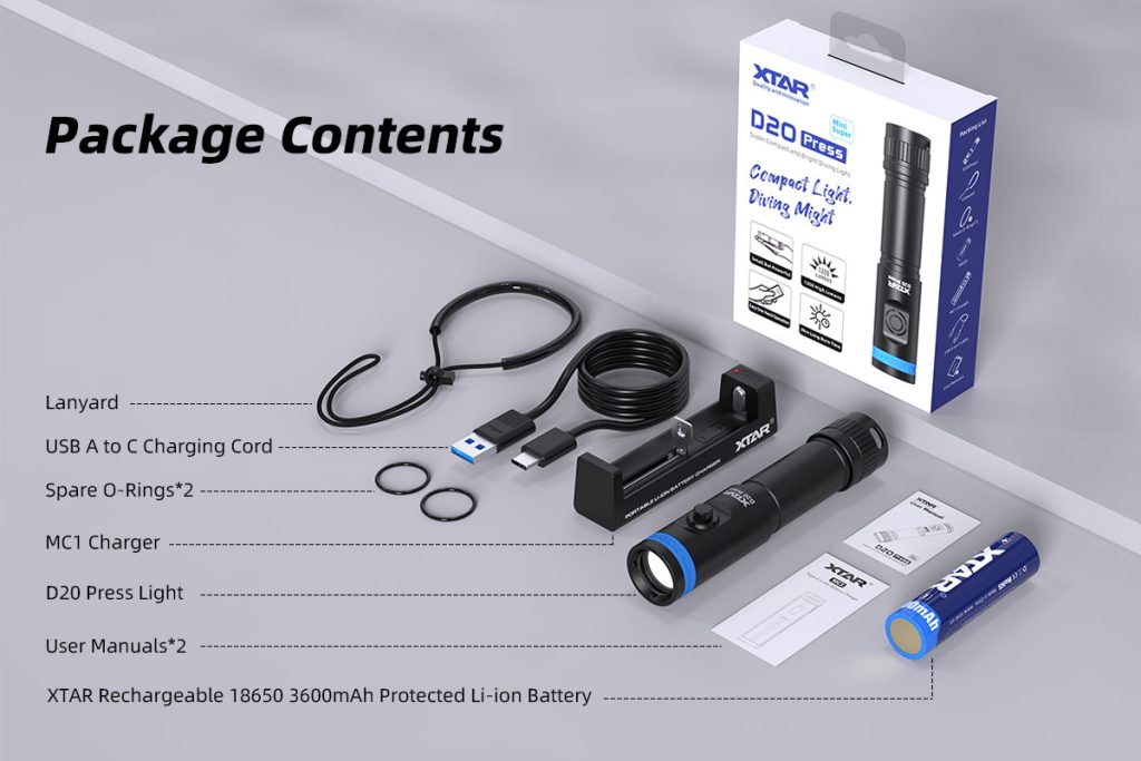 XTAR-MiniSuper-D20-Press-Diving Light XTAR D20 Press compact diving torch front view