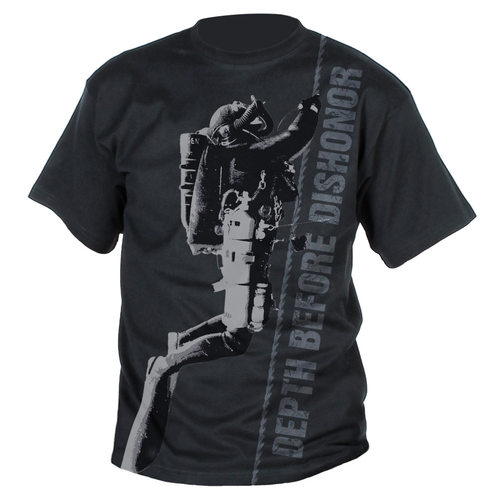 Depth Before Dishonor black divewear tee front view, breathable fabric, sharp design inspired by Red Sea diving culture