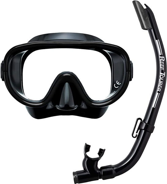 TUSA snorkel with Hyper-Dry splash guard, purge valve, and silicone mouthpiece.