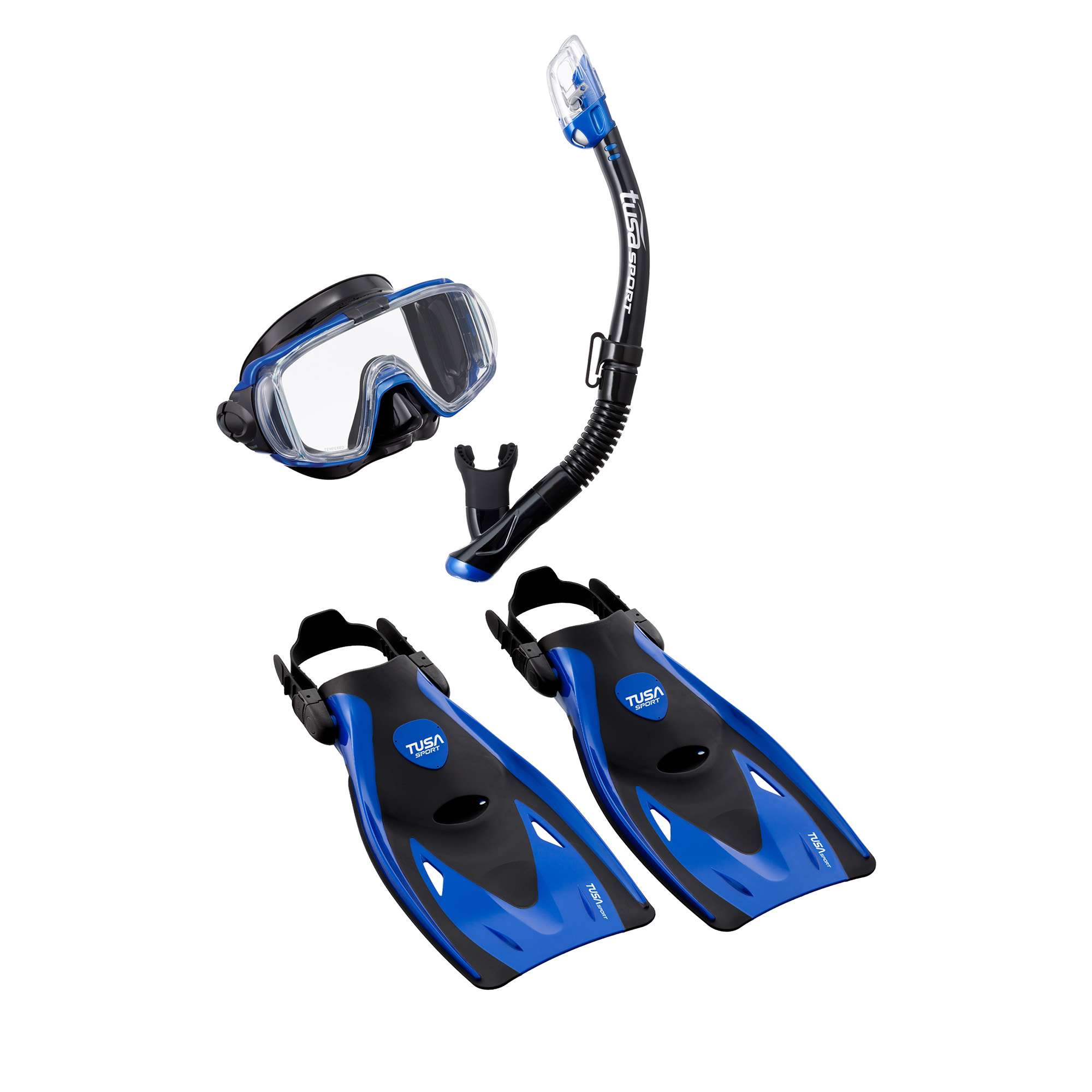 TUSA Visio Tri-Ex travel snorkeling set with open-heel fins, dry snorkel, and panoramic diving mask.